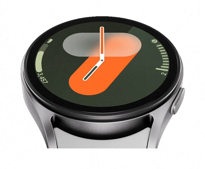 A Galaxy Watch7 showing its underlying 3nm processor and then, showcases a series of features: the time, Dual-Frequency GPS navigation, sleep tracking with a sleep score and long-lasting battery.